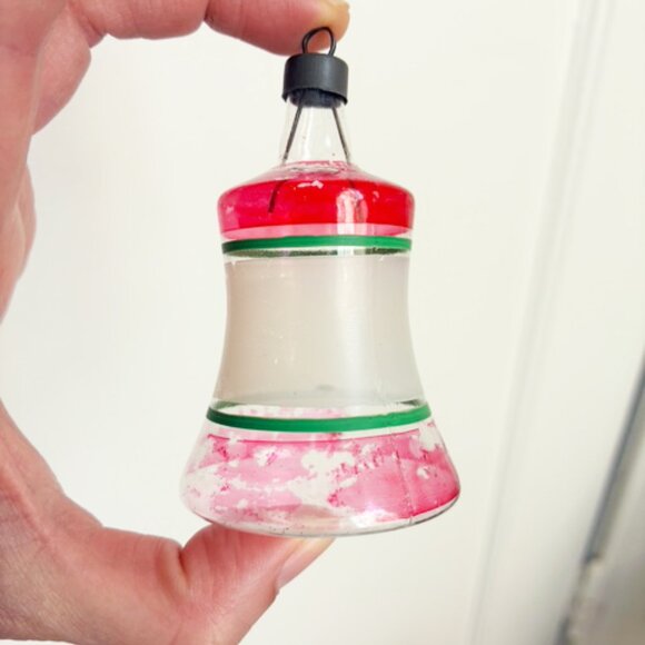 Vintage Premier Bell Unsilvered Ornaments Glass Pair Striped 2 Clear Red Blue - Picture 3 of 5